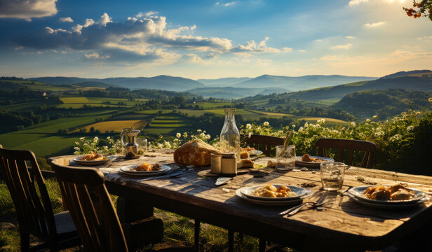A wooden table topped with plates of food. Delicious spread of food on a rustic wooden table