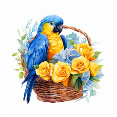  Parrot inside basket of flowers watercolor paint