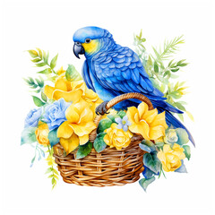 Parrot inside basket of flowers watercolor paint