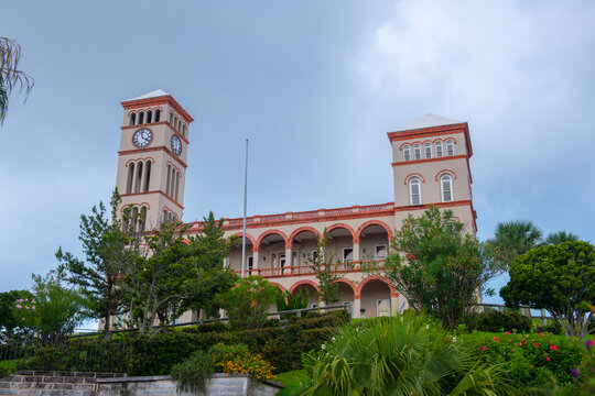 Sessions House with home of House of Assembly and Supreme Court on Church Street in Hamilton city center in Bermuda. Hamilton is the capital of Bermuda. 