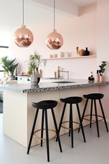 A beautiful pastel kitchen with modern furniture, a stunning countertop, vibrant vases, stylish stools, lush houseplants, and an inviting sink creates a serene and inviting interior design