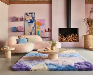 This beautiful pastel living room interior design, complete with pink walls, furniture, linens, and wallpaper, is a vibrant and inviting space that will add warmth and comfort to any home