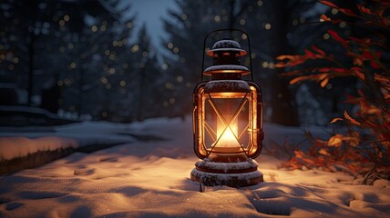 a lantern adorning the front porch or entrance of a home. The lantern covere in a light dusting of snow, and a vibrant green fir branch place nearby.