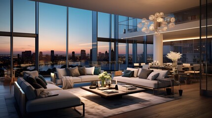 Panorama of modern living room with panoramic window overlooking the city