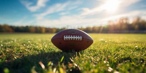 American football ball on grass field with blue sky and clouds in background