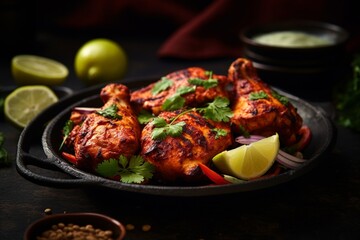 Fototapeta premium Smoky Elegance: Charred Chicken Tandoori on a Traditional Indian Clay Plate