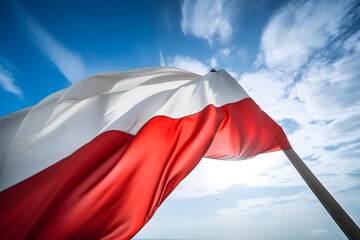 Poland flag on flagpole waving in the wind against blue sky, independence day
