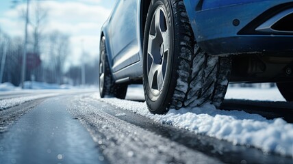 car tires equipped with specialized winter treads, gripping the snowy road surface. The image emphasizes the importance of reliable winter tires for safe driving.