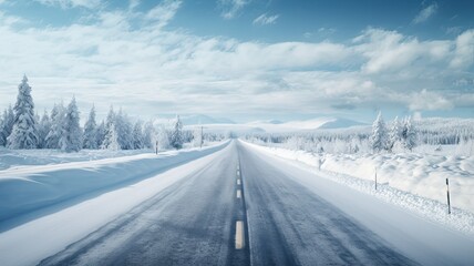 a car parked at the side of a snow-covered road. The focus should be on the winter tires, displaying their durability and effectiveness in challenging winter conditions.