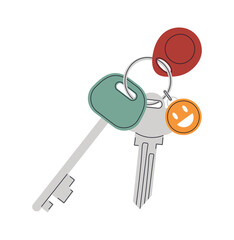 Door keys with keychain. Cartoon keys with keyring. Apartment key with keychain on white background. Home key. Hotel room keys. Keys for locking house or apartment. Isolated vector illustration.