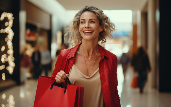 А gorgeous woman walking happily at the shopping mall. Generative AI