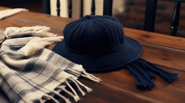 a set of winter essentials. A pair of gloves, a cozy scarf, and a stylish cap are beautifully arranged on a white wooden background.