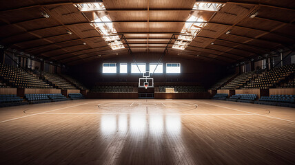 Empty of Modern basketball arena with wooden court.generative ai - obrazy, fototapety, plakaty