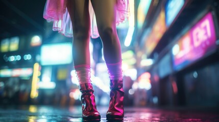 Cyberpunk city and futuristic shoes, bright neon colors and creative long exposure light painting streaks, only the coolest fashion hipsters walks these busy street at night. 