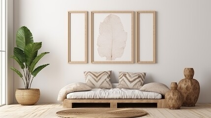 Frame and poster mockup in interior background, Scandi-Boho style, pastel colors,