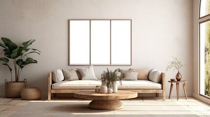 Frame and poster mockup in interior background, Scandi-Boho style, pastel colors,