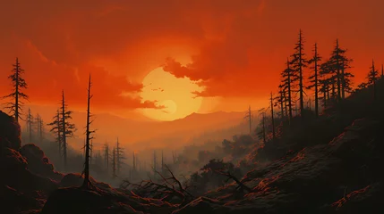 Deurstickers Step into a dystopian landscape where wildfires rage in the distance, casting an orange haze over a parched land, emphasizing the critical importance of addressing forest fires and climate change © Alin