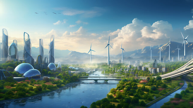 Visualize a future where renewable energy sources, like wind turbines and solar panels, power cities and homes, symbolizing the shift toward clean energy solutions in the fight against climate crisis