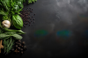 herbs, vegetables, cooking imagery in a minimalistic photographic approach, artistic arrangement and ambiance, wiTh empty copy space - obrazy, fototapety, plakaty