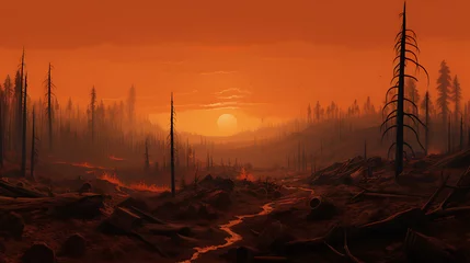 Foto op Canvas Step into a dystopian landscape where wildfires rage in the distance, casting an orange haze over a parched land, emphasizing the critical importance of addressing forest fires and climate change © Alin
