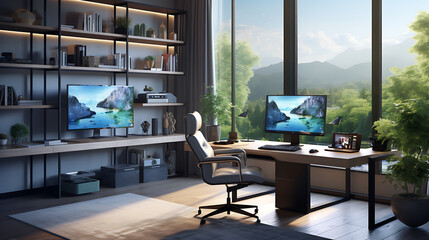 Visualize a modern home office where a young professional sits at a sleek desk, surrounded by dual monitors and ergonomic furniture, typing away on a laptop with a focused expression, while natural li - obrazy, fototapety, plakaty