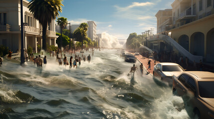 Visualize a coastal city engulfed in rising waters, with streets flooded and people seeking higher ground, highlighting the immediate need for climate action to mitigate the effects of sea-level rise - obrazy, fototapety, plakaty