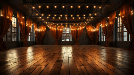 Room with wooden floor lighted with spotlightsมgenerative ai.