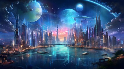 Futuristic night city panorama with planet and stars. 3d rendering