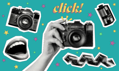 photography concept template design set with vintage camera film smiling mouth vector y2k geometric shapes retro grunge halftone vector collage element
