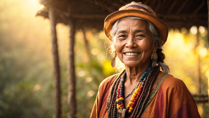 indigenous old woman smiling in her house, Amazon jungle tribe, Latin America, summer, dense jungle, living nature - obrazy, fototapety, plakaty