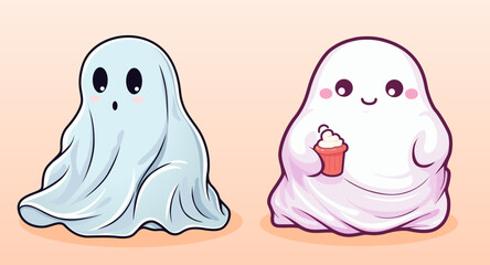 Two cute ghosts, one blue and surprised, the other pink and smiling, holding ice cream. Pastel soft colors in kawaii and cartoon style, perfect for kids' designs. Fun, friendly, cheerful design.