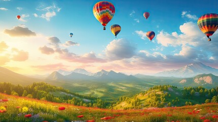  a painting of hot air balloons flying over a mountain range.  generative ai