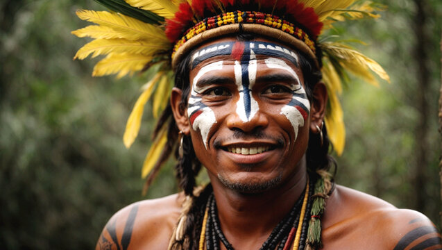 indigenous man with painted face, smiling in the jungle, Amazonian tribe, native people, Latin America, summer, dense jungle, living nature