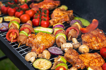 Vegetables and meat are grilled. Selective focus.