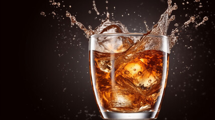 Splash cola, cold tea or coffee with ice cubes. Splashing drink in glass cup with air bubbles.generative ai.