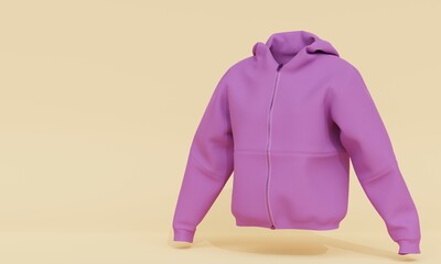 Women's hoodie with zipper on a beige background. 3d rendering