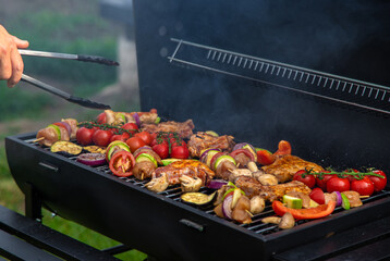 Vegetables and meat are grilled. Selective focus.