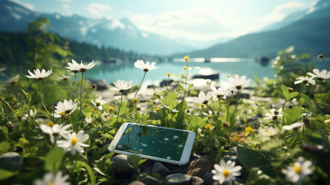 Digital detox concept. Forgotten gadget against nature background