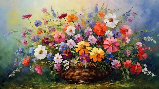  a painting of a basket filled with flowers on a table.  generative ai