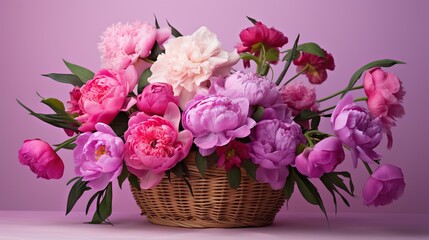 Obraz premium a wicker basket filled with lots of pink and white flowers. generative ai