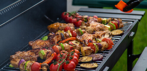Vegetables and meat are grilled. Selective focus.