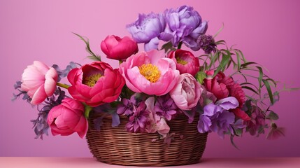  a basket filled with lots of pink and purple flowers on top of a table.  generative ai