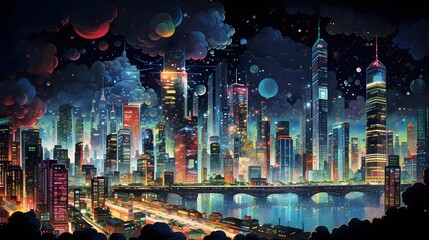 Night city panoramic illustration. Panoramic night cityscape.