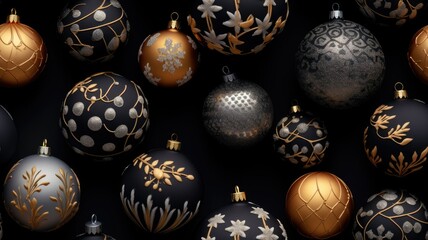 collection of stunning gold and silver Christmas decorations. Set against a dark, black background, these festive ornaments sparkle and shine. SEAMLESS PATTERN. SEAMLESS WALLPAPER.