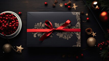 a dark background beautifully adorned with Christmas gifts, each tied with bright red ribbons and carefully arranged decorations. This flat layout conveys the essence of Christmas