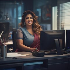 indian plus size happy curvy manager modern office successful job ceo business woman photo - obrazy, fototapety, plakaty