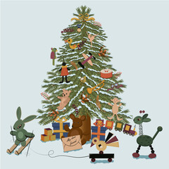 globe,deer in the snow, decorated christmas tree in the snow,christmas tree branch, christmas balls, snow falls, toys, gifts, fir tree