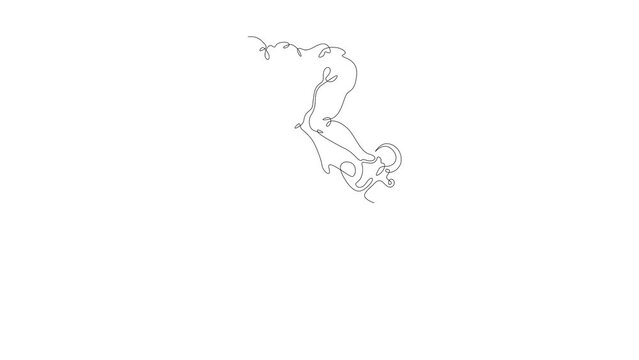 Mountain bike. Extreme sport. Cyclist. Sportsman on a bicycle.Landscape. Self drawing animation of one continuous line.Linear. Hand drawn, white background.