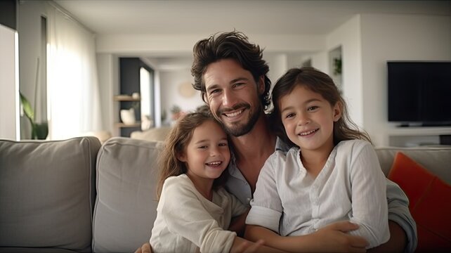 a loving young man hugs his wife and their precious daughter on the sofa. Their smiles and the warmth in their eyes create a perfect family portrait, embodying the essence of love and connection.