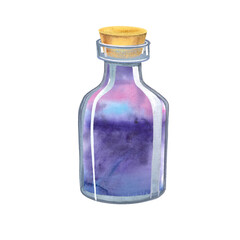 bottle with the sky inside, glass bottle painted in watercolors by hands